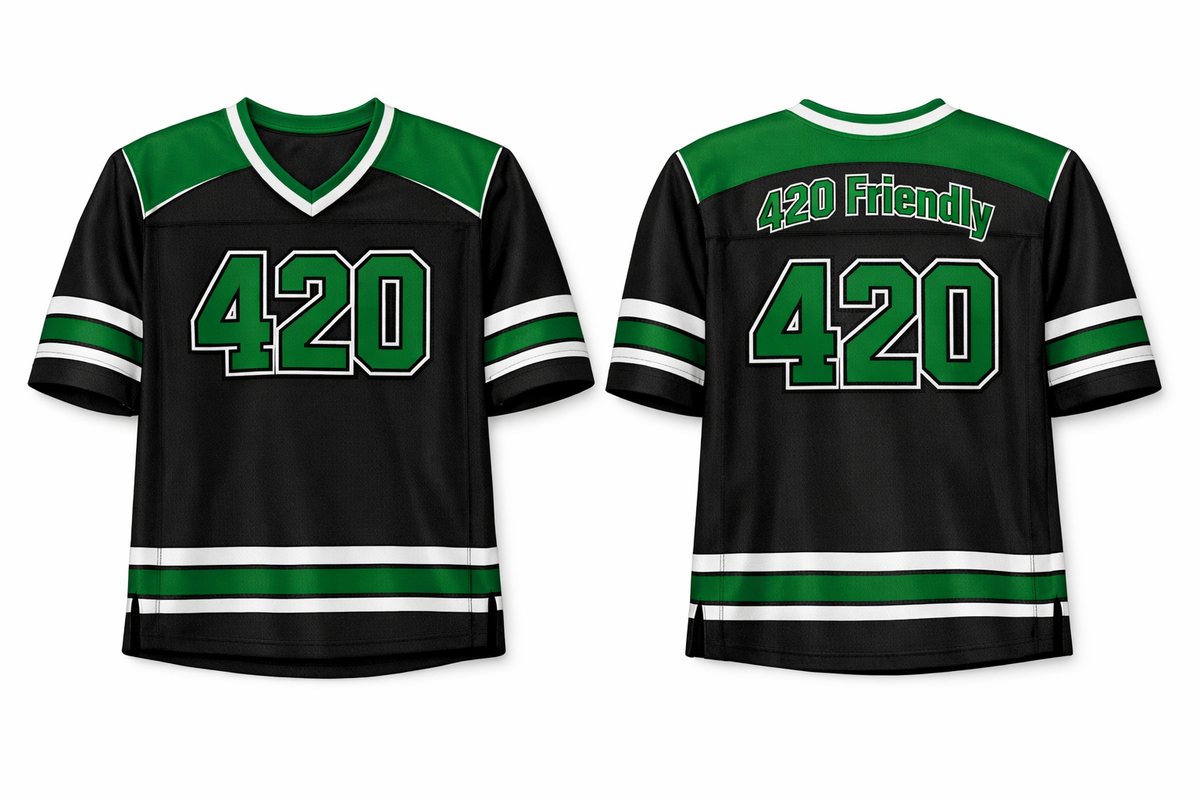 Black and green 420 jersey, front and back